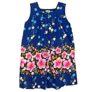 Vintage Ui-Maikai Hibiscus Hawaiian MuuMuu Sleeveless Honeymoon Dress Blue Sz L